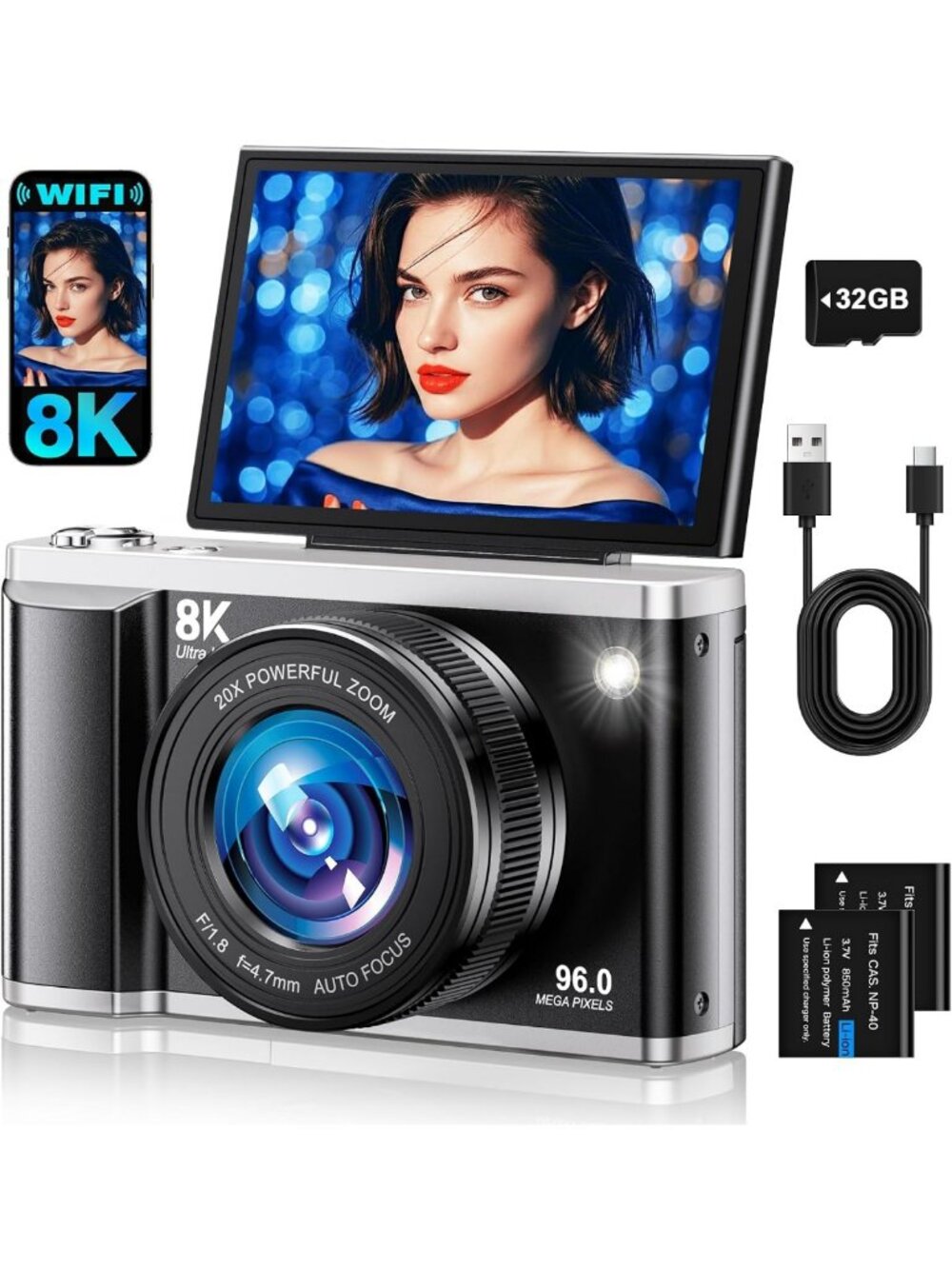 8K Digital Camera for Photography with WiFi 96MP Autofocus Vlogging Camera for